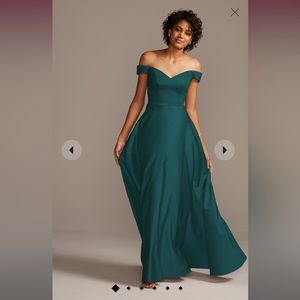 Hunter Green, David’s bridal bridesmaid dress, silk/satin